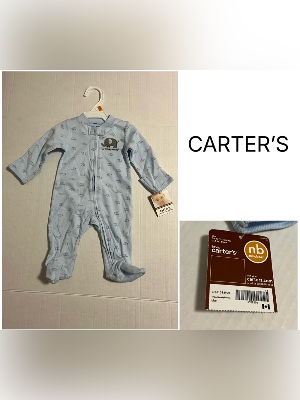 CARTER’S - NB - NWT - INFANT BOYS BLUE GREY ELEPHANT SLEEPER